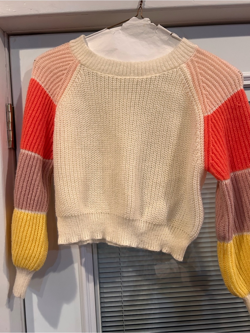 SHEIN Cream Sweater with Pink, Coral, Mauve & Yellow Striped Sleeves